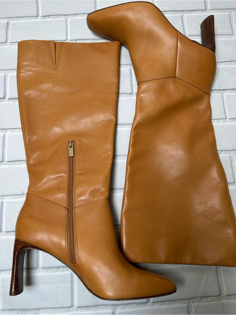 Vince Camuto Hersha Cognac Leather Tall Heeled Boots Size 9.5 M